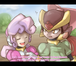 Size: 1600x1389 | Tagged: safe, artist:thegreatrouge, apple bloom, sweetie belle, human, brotherhooves social, g4, alouette, crossover, humanized, mega man (series), megaman zero, scene interpretation, zero