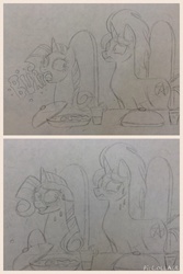 Size: 400x600 | Tagged: safe, artist:zigragirl, rarity, oc, oc:void rider, pony, unicorn, g4, blushing, burp, comic, dinner, embarrassed, female, irc, male, mare, monochrome, nervous smile, pencil drawing, simple background, stallion, sweat, traditional art, uncouth