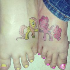 Size: 236x236 | Tagged: source needed, useless source url, safe, fluttershy, pinkie pie, human, g4, barefoot, clothes, feet, hoofbump, irl, irl human, jeans, nail polish, photo, tattoo