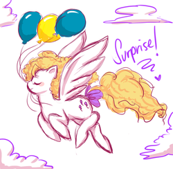 Size: 1024x1000 | Tagged: safe, artist:aki-chanx3, surprise, pegasus, pony, g1, g4, balloon, cloud, cute, female, flying, g1 to g4, generation leap, mare, mouth hold, solo, tail bow