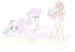 Size: 2318x1603 | Tagged: safe, artist:thunderingpikachu, rainbow dash, scootaloo, dolphin, g4, beach, beach ball, bikini, blowing, blushing, breasts, clothes, cute, cutealoo, dashabetes, female, inflatable, inflatable dolphin, inflatable toy, inflating, makoto nanaya, pool toy, puffy cheeks, riding, scootalove, swimsuit, traditional art