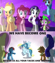 Size: 2074x2353 | Tagged: source needed, safe, artist:theunknowenone1, derpy hooves, sonata dusk, pegasus, pony, g4, conjoined, female, fusion, high res, mare, muffin, sonata derp, taco, two heads, we have become one, what has magic done