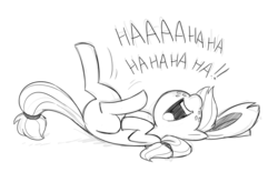 Size: 1421x882 | Tagged: safe, artist:mickeymonster, applejack, earth pony, pony, g4, applejack's hat, cowboy hat, female, hat, laughing, legs in air, lineart, mare, monochrome, on back, open mouth, simple background, solo