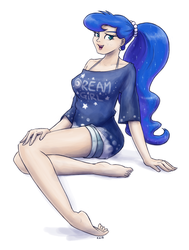 Size: 967x1280 | Tagged: safe, artist:king-kakapo, princess luna, human, g4, barefoot, clothes, feet, female, humanized, looking at you, magic shirt, open mouth, ponytail, shorts, sitting, smiling, solo