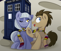 Size: 1353x1120 | Tagged: safe, artist:pearlyiridescence, doctor whooves, limestone pie, time turner, earth pony, pony, g4, clothes, doctor who, doctorlime, fourth doctor's scarf, looking back, male, moon, one eye closed, open mouth, scarf, shared clothing, shared scarf, shipping, sitting, smiling, stallion, straight, striped scarf, tardis, the doctor, underhoof