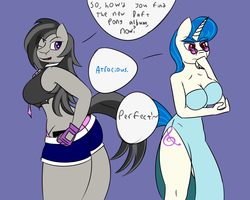 Size: 1280x1024 | Tagged: safe, artist:mrironmustang, dj pon-3, octavia melody, vinyl scratch, anthro, g4, alternate hairstyle, ass, breasts, busty vinyl scratch, butt, cleavage, clothes, dialogue, dress, female, glasses, necktie, personality swap, rocktavia, shorts, simple background, swapped cutie marks, treblebutt, vinyl class