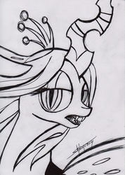 Size: 711x1000 | Tagged: safe, artist:shikogo, queen chrysalis, changeling, changeling queen, g4, black and white, fangs, female, grayscale, looking at you, monochrome, open mouth, portrait, solo, wind
