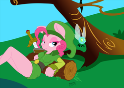 Size: 1280x918 | Tagged: safe, artist:dfectivedvice, artist:midnightblitzz, color edit, pinkie pie, parasprite, anthro, g4, colored, crossover, cute, female, hat, link, log, navi, on back, paraspritized, solo, species swap, sword, the legend of zelda, tunic, vector