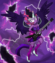 Size: 1500x1701 | Tagged: safe, artist:flutterthrash, sci-twi, twilight sparkle, equestria girls, g4, my little pony equestria girls: friendship games, brütal, electric guitar, female, guitar, heavy metal, lightning, looking at you, metal as fuck, midnight sparkle, musical instrument, portal, rock (music), solo