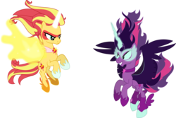 Size: 3000x2000 | Tagged: safe, artist:fallingrain22, sci-twi, sunset shimmer, twilight sparkle, pony, equestria girls, g4, my little pony equestria girls: friendship games, artificial wings, augmented, daydream shimmer, duo, equestria girls ponified, face to face, fight, high res, magic, magic wings, midnight sparkle, necklace, ponified, simple background, wings