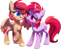 Size: 2432x1946 | Tagged: safe, artist:dawnfire, oc, oc only, oc:avery softequine, oc:dawnfire, pegasus, pony, unicorn, chest fluff, colored pupils, cute, duo, ear fluff, nuzzling, raised hoof, simple background, transparent background