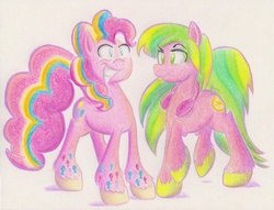 Size: 2205x1689 | Tagged: safe, artist:waterferret, lemon zest, pinkie pie, equestria girls, g4, my little pony equestria girls: friendship games, cute, drawing, equestria girls ponified, headphones, ponified, rainbow power, traditional art