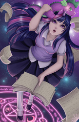 Size: 792x1224 | Tagged: safe, artist:saintprecious, spike, twilight sparkle, human, g4, book, horn, horned humanization, humanized, magic, magic circle, watermark