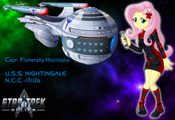 Size: 1280x875 | Tagged: safe, artist:captricosakara, fluttershy, equestria girls, g4, boots, captain, clothes, commission, crossover, female, humanized, logo, olympic class, science fiction, solo, space, spaceship, star trek, star trek online, starfleet, starship, uniform, video game crossover