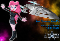 Size: 1280x875 | Tagged: safe, artist:captricosakara, pinkie pie, equestria girls, g4, boots, captain, clothes, commission, crossover, female, humanized, logo, open mouth, prometheus class, science fiction, solo, space, spaceship, star trek, star trek online, starfleet, starship, uniform, video game crossover