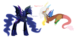 Size: 900x459 | Tagged: dead source, source needed, safe, artist:jaquelindreamz, discord, nightmare moon, princess luna, alicorn, draconequus, pony, g4, darkhorse knight, dialogue, eris, prince artemis, rule 63, ship:arteris, simple background, transparent background