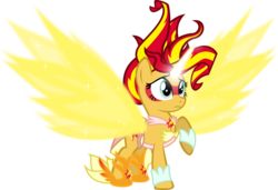 Size: 8192x5603 | Tagged: safe, artist:comic-graffiti, sunset shimmer, alicorn, pony, unicorn, equestria girls, g4, my little pony equestria girls: friendship games, absurd resolution, artificial horn, artificial wings, augmented, clothes, daydream shimmer, dress, equestria girls ponified, female, frown, glowing horn, horn, magic, magic horn, magic wings, ponified, raised hoof, simple background, solo, sparkles, spread wings, transparent background, vector, wings
