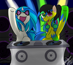 Size: 2000x1775 | Tagged: safe, artist:scarlett-letter, dj pon-3, vinyl scratch, oc, oc:shydy nyla, g4, canon x oc, music, shipping