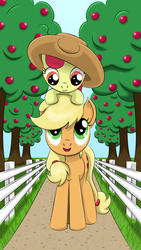 Size: 1440x2560 | Tagged: safe, artist:lifesharbinger, apple bloom, applejack, g4, apple bloom riding applejack, cute, ponies riding ponies, riding, sisters