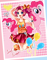 Size: 1000x1260 | Tagged: safe, artist:leab-lb, pinkie pie, human, g4, armpits, belly button, cleavage, clothes, converse, female, humanized, midriff, pixiv, shoes, skirt, solo, tank top