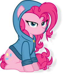 Size: 4000x4683 | Tagged: safe, artist:godoffury, pinkie pie, earth pony, pony, g4, clothes, cute, diapinkes, edgy, female, hoodie, jacket, lidded eyes, looking at you, mare, messy mane, pinkamena diane pie, simple background, sitting, solo, transparent background, vector, zipper