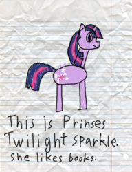 Size: 600x783 | Tagged: safe, artist:fonypan, artist:sweetie belle, twilight sparkle, alicorn, pony, g4, female, lined paper, mare, misspelling, solo, stylistic suck, sweetie's jurnal, twilight sparkle (alicorn)