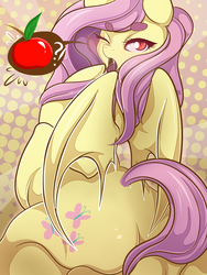 Size: 1200x1600 | Tagged: safe, artist:lovepuma69, fluttershy, bat pony, pegasus, semi-anthro, g4, apple, butt, cutie mark, female, flutterbat, mare, plot, race swap, solo, that pony sure does love apples, wings, wink