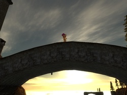 Size: 1024x768 | Tagged: safe, artist:wiimeiser, scootaloo, g4, 3d, acrophobia, bridge, female, floating island, gmod, pine tree, scared, sky, solo, this will end in tears and/or death, this will not end well