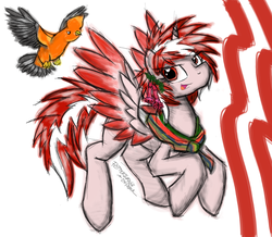 Size: 2409x2098 | Tagged: safe, artist:flutterthrash, oc, oc only, oc:princess peruvia, alicorn, bird, pony, alicorn oc, high res, horn, peru, solo, wings