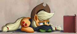 Size: 2000x884 | Tagged: safe, artist:ncmares, applejack, earth pony, pony, g4, book, clothes, countryisms, female, prone, reading, socks, solo, striped socks