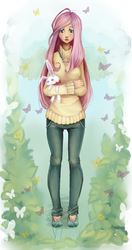 Size: 1900x3600 | Tagged: safe, artist:natanatfan, angel bunny, fluttershy, butterfly, human, g4, bow, bunny plushie, clothes, cutie mark necklace, digital art, doll, female, humanized, jeans, jewelry, light skin, looking at you, looking down, necklace, pants, plushie, shoes, solo, standing, sweater, sweatershy, toy, turtleneck, yellow sweater