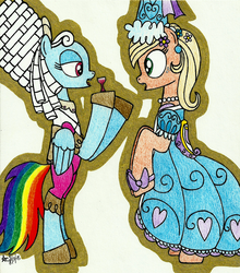 Size: 1128x1280 | Tagged: safe, artist:aracage, applejack, rainbow dash, g4, look before you sleep, swarm of the century, applejack also dresses in style, clothes, dress, duchess, fancy, froufrou glittery lacy outfit, glass, hennin, princess, princess applejack, puffy sleeves, rainbow dash always dresses in style, standing, too frilly, traditional art