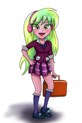 Size: 1596x2377 | Tagged: safe, artist:sumin6301, lemon zest, equestria girls, g4, my little pony equestria girls: friendship games, bag, bowtie, clothes, crystal prep academy, crystal prep shadowbolts, cute little fangs, fangs, female, headphones, looking at you, open mouth, pleated skirt, raised leg, school uniform, skirt, solo