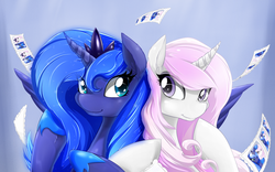 Size: 2520x1575 | Tagged: safe, artist:malifikyse, fleur-de-lis, princess luna, alicorn, pony, unicorn, g4, bust, crown, curved horn, cute, duo, duo female, ear fluff, female, hoof shoes, horn, jewelry, looking at each other, lunabetes, mare, photo booth, regalia, smiling, spread wings, throwing, underhoof, wings