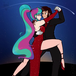 Size: 1280x1280 | Tagged: safe, artist:scorpdk, princess celestia, oc, oc:claymore, human, alternate hairstyle, backless, canon x oc, claylestia, clothes, dancing, dress, evening gloves, female, gloves, high heels, humanized, legs, looking at each other, male, necktie, patreon, ponytail, red dress, shipping, side slit, smiling, straight, tuxedo