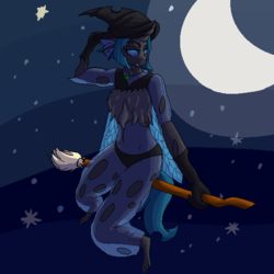 Size: 540x540 | Tagged: safe, artist:graytr, oc, oc only, oc:synch, changeling, anthro, plantigrade anthro, black underwear, broom, clothes, costume, crescent moon, female, flying, flying broomstick, halloween, hat, moon, night, panties, sitting, smiling, solo, stars, underwear, witch, witch hat