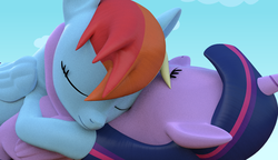 Size: 3000x1733 | Tagged: safe, artist:waveywaves, rainbow dash, twilight sparkle, alicorn, pony, g4, 3d, blender, cuddling, female, holding, lesbian, mare, ship:twidash, shipping, snuggling, twilight sparkle (alicorn)