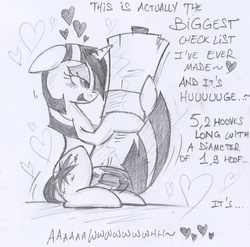 Size: 1167x1155 | Tagged: safe, artist:skutchi, twilight sparkle, pony, unicorn, g4, adorkable, bedroom eyes, bibliophile, blushing, caress, cargo ship, checklist, chico the checklist, crack shipping, cute, dork, eyes on the prize, female, heart, holding, horn, horns are touching, list, male, mare, monochrome, open mouth, prehensile tail, rubbing, scroll, shipping, sitting, sketch, smiling, solo, straight, tail hug, that pony sure does love lists, traditional art, twilist