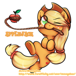 Size: 500x500 | Tagged: safe, artist:moneychan, applejack, g4, apple, female, hair over one eye, lasso, mouth hold, simple background, solo, transparent background, wink