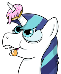Size: 1024x1243 | Tagged: safe, artist:catfood-mcfly, shining armor, pony, unicorn, g4, donut, drool, get, index get, male, simple background, solo, stallion, tongue out, transparent background