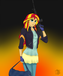 Size: 2304x2756 | Tagged: safe, artist:deddrunk, sunset shimmer, equestria girls, g4, amcar-4 carbine, assault rifle, clothes, crossover, female, gloves, gun, high res, no trigger discipline, payday, payday 2, rifle, solo, weapon