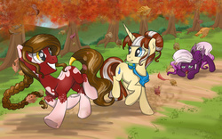 Size: 1600x1000 | Tagged: safe, artist:bratzoid, oc, oc only, earth pony, pegasus, pony, braid, female, mare, neckerchief, running of the leaves, tail wrap