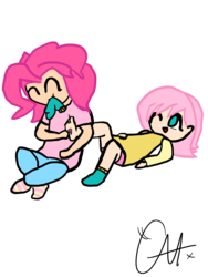 Size: 1500x2000 | Tagged: safe, artist:arcade-arcade, fluttershy, pinkie pie, human, g4, barefoot, clothes, cute, feather, feet, fetish, foot fetish, humanized, one eye closed, socks, tickle fetish, tickling