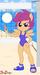 Size: 656x1218 | Tagged: safe, artist:brodogz, scootaloo, equestria girls, g4, beach, beach ball, clothes, cute, cutealoo, female, one-piece swimsuit, ponied up, pony ears, sandals, solo, swimsuit, winged humanization