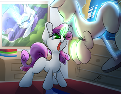 Size: 3300x2570 | Tagged: safe, artist:madacon, rarity, sweetie belle, pony, unicorn, g4, belle sisters, bush, cute, diasweetes, female, filly, foal, grin, happy, high res, levitation, magic, mare, raribetes, siblings, sisters, sweetie belle's magic brings a great big smile, telekinesis, window