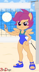 Size: 1077x2000 | Tagged: safe, artist:brodogz, scootaloo, equestria girls, g4, beach, beach ball, blue swimsuit, clothes, cute, cutealoo, female, one-piece swimsuit, ponied up, pony ears, sandals, solo, swimsuit, winged humanization