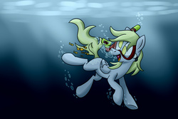 Size: 1800x1200 | Tagged: safe, artist:uwdr-64, derpy hooves, fish, pegasus, pony, g4, bubble, diving, female, mare, snorkel, solo, underwater