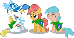 Size: 4326x2236 | Tagged: safe, artist:shutterflyeqd, firelock, lemon daze, peachy petal, rainbow dash, g4, baseball cap, cap, cmc cape, cuddling, female, figure, happy, hat, lemondorable, plushie, rainbow dash fanclub, rainbow dash plushie, smiling, toy