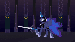 Size: 690x388 | Tagged: safe, princess luna, fall of the crystal empire, g4, animated, armor, crystal empire, female, fight, frown, glare, magic, rearing, scythe, solo, spread wings, stomping, sword, telekinesis, warrior luna, weapon