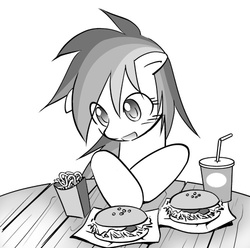 Size: 500x495 | Tagged: safe, artist:wanko, rainbow dash, g4, burger, female, food, french fries, grayscale, hay burger, monochrome, solo